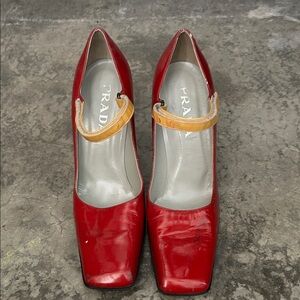 Rare Vintage Prada Red Heels with Tan Strap
